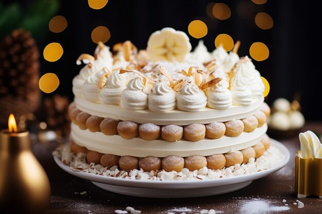 Vista lateral de um bolo branco decorado com creme batido de chocolate branco derretido e bananas na mesa