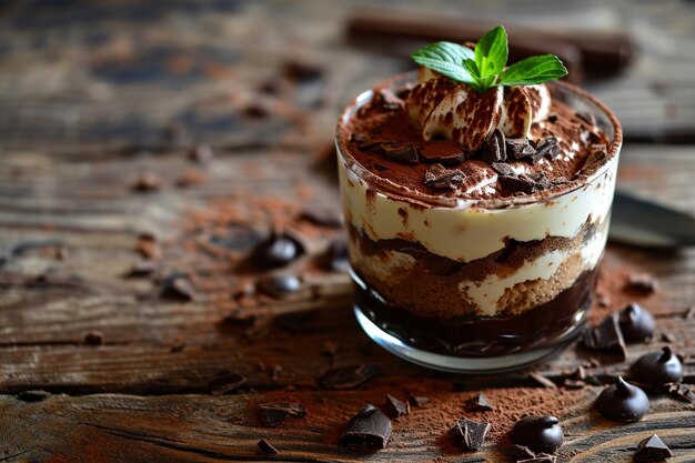 Vista lateral de um bolo de tiramisu coberto com salpicaduras de chocolate na mesa