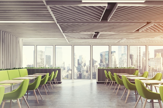 Vista lateral de um café contemporâneo ou interior de uma cafeteria com paredes de madeira, janelas panorâmicas e poltronas verdes perto de mesas quadradas de madeira. simulação de renderização 3D