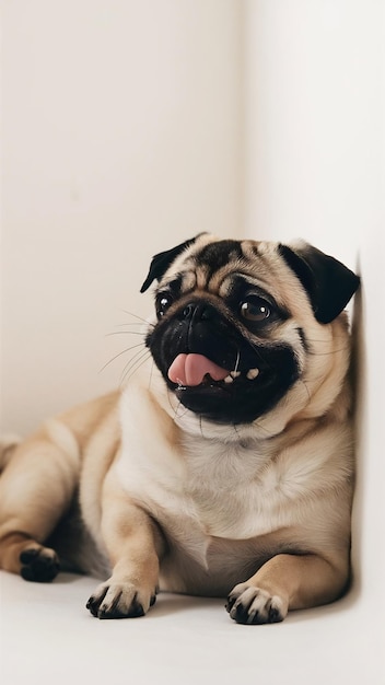 Vista lateral de um cão pug estendendo a língua sentado contra um fundo branco