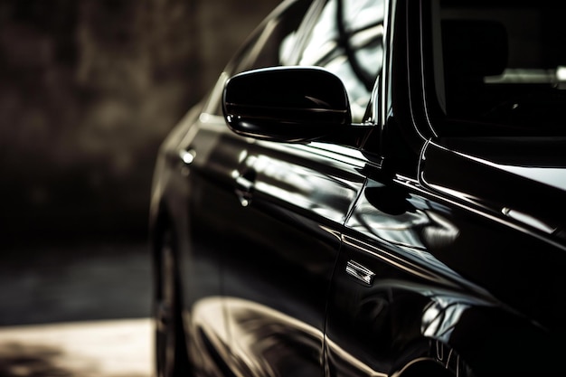 Vista lateral de um carro preto em um estacionamento Foco seletivo