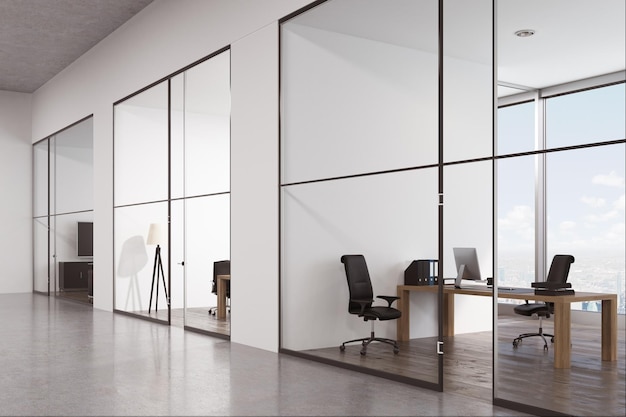 Vista lateral de um corredor de escritório com uma fileira de salas com portas de vidro e janelas panorâmicas. renderização 3D.