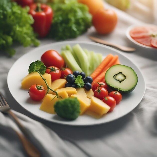 Vista lateral de um fundo de prato de salada de alimentos dietéticos com fatias de frutas e legumes de cores diferentes