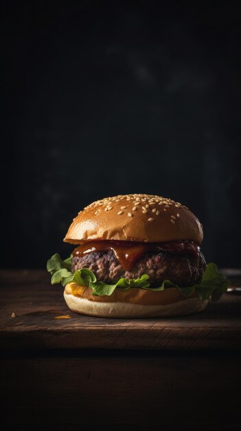 Foto vista lateral de um hambúrguer em um fundo rústico escuro com carne de vaca e queijo creme generativo ai