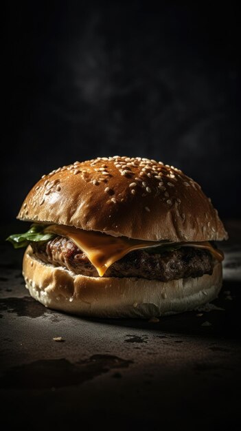 Foto vista lateral de um hambúrguer em um fundo rústico escuro com carne de vaca e queijo creme generativo ai