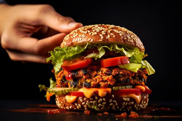 Foto vista lateral de um hambúrguer vegetariano servido com um monte de fendas de batata douradas