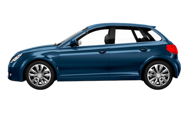 Vista lateral de um hatchback azul em 3D