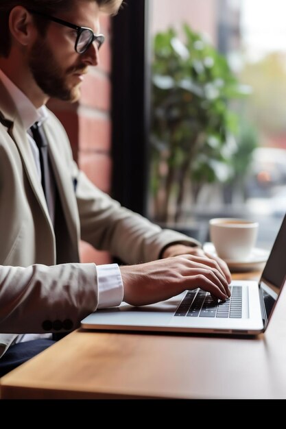 Vista lateral de um jovem empresário de óculos usando laptop em um café