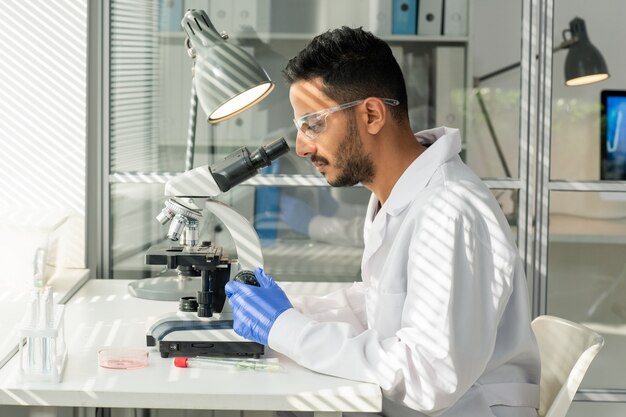 Vista lateral de um jovem trabalhador de laboratório com luvas, óculos e avental estudando uma amostra de broto de soja cultivada em laboratório no microscópio