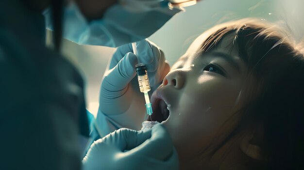 Foto vista lateral de um médico deixando cair líquido na boca de uma criança durante a vacinação oral em uma clínica.