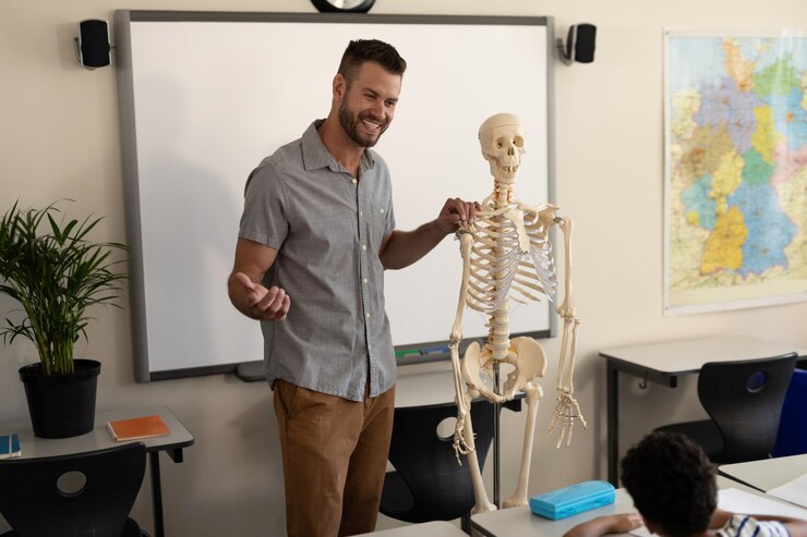 Foto vista lateral de um professor feliz explicando o modelo de esqueleto humano na sala de aula