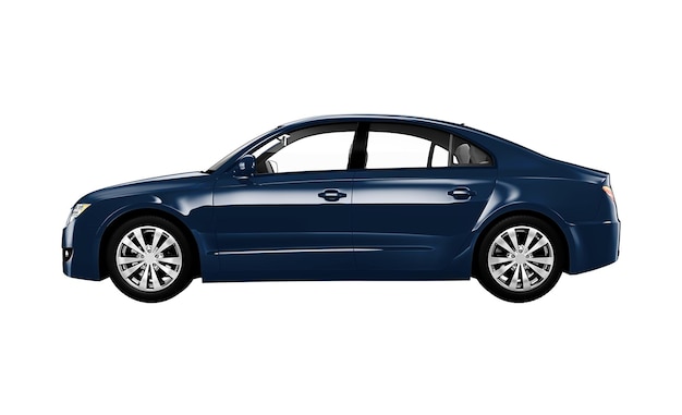 Vista lateral de um sedan azul em 3D