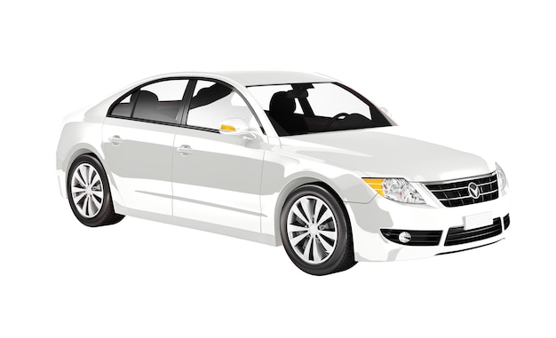 Vista lateral de um sedan branco em 3D