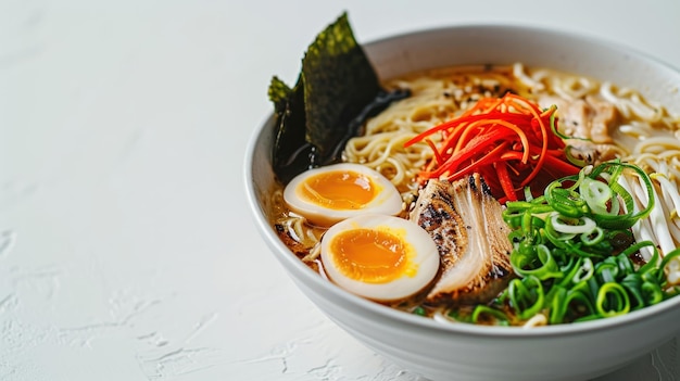 Foto vista lateral de um shoyu ramen de tóquio contra fundo branco