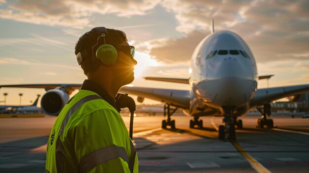 Foto vista lateral de um trabalhador do aeroporto sério com óculos de sol e fones de ouvido olhando para a distância