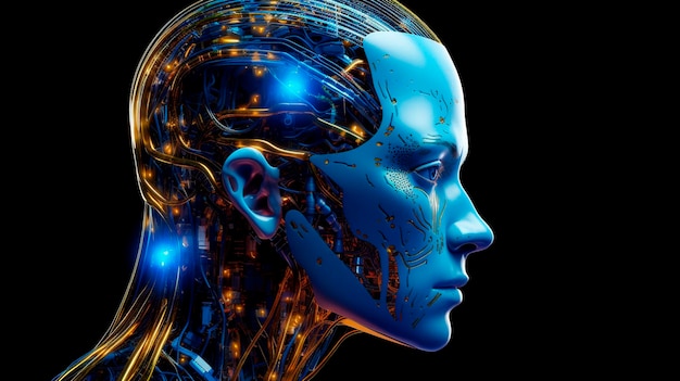 Vista lateral de uma cabeça humanoide com olhos azuis e amarelos e uma rede neural de néon vibrante representando tecnologia futurista e inteligência artificial.