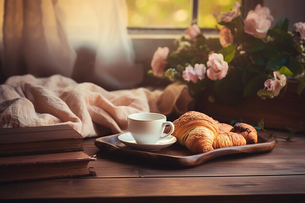 Vista lateral de uma cama com uma bandeja de café da manhã e uma xícara de café na mesa de cabeceira