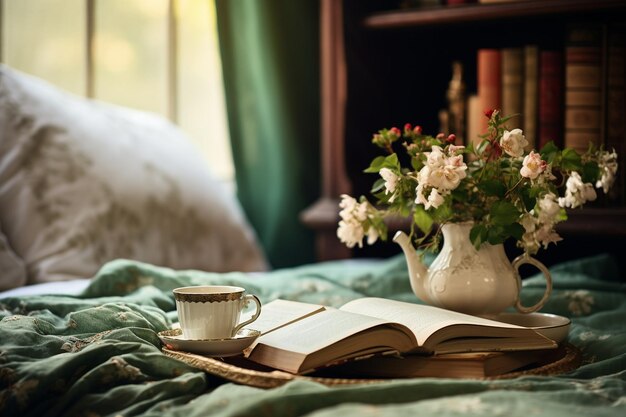 Vista lateral de uma cama com uma pilha de livros e uma chávena de chá de ervas