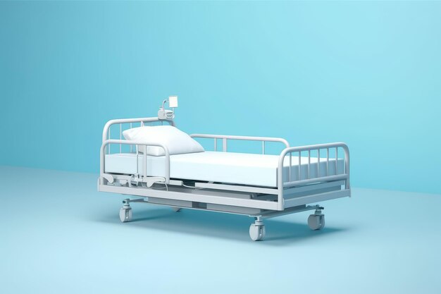 Foto vista lateral de uma cama de hospital isolada em fundo azul
