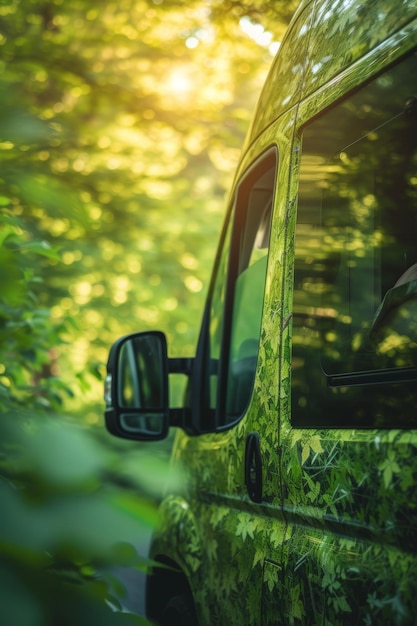 Vista lateral de uma carrinha camuflada com padrões de folhas verdes estacionada em um cenário de floresta exuberante