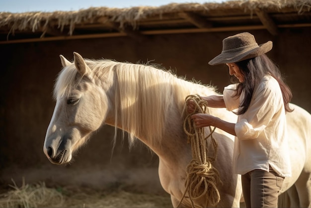Vista lateral de uma fazendeira tecendo o cabelo de seus cavalos