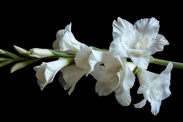 Foto vista lateral de uma flor de gladiola branca isolada em fundo preto
