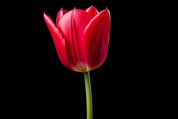Vista lateral de uma flor de tulipa de cor vermelha isolada em uma mesa azul