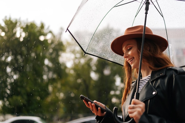 Vista lateral de uma jovem alegre usando chapéu elegante usando smartphone digitando sorrindo olhando para longe em pé com guarda-chuva transparente