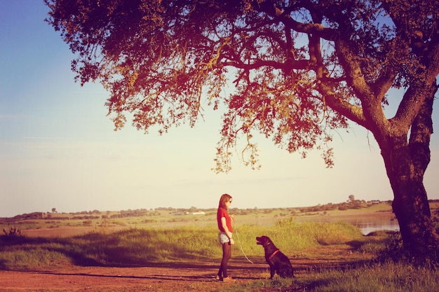 Vista lateral de uma mulher com um cachorro no campo por uma árvore contra um céu claro durante o pôr do sol