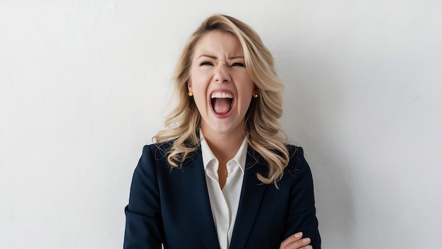 Vista lateral de uma mulher de negócios loira feliz gritando sobre uma parede branca