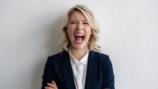 Vista lateral de uma mulher de negócios loira feliz gritando sobre uma parede branca