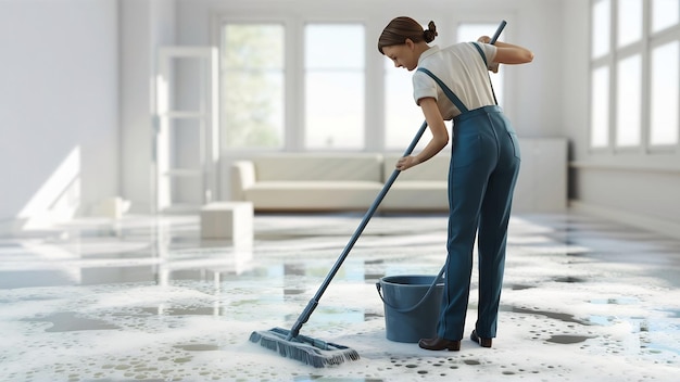Vista lateral de uma mulher limpando o chão