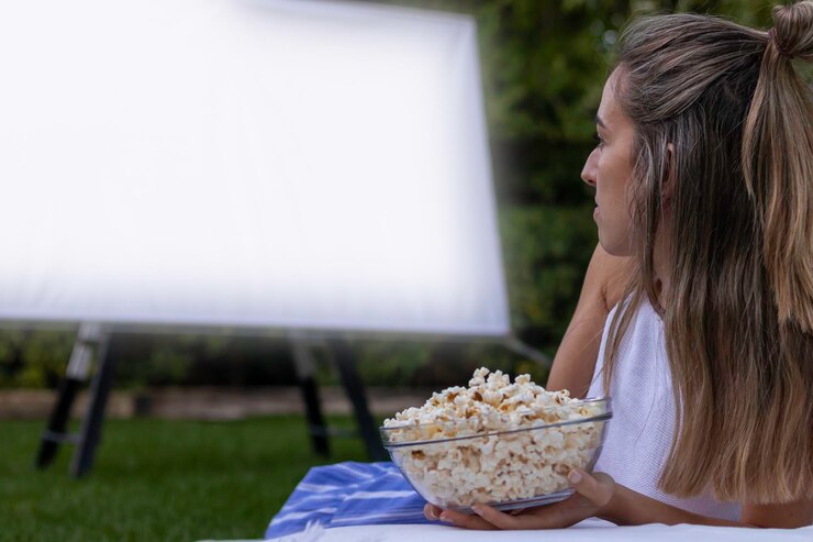 Foto vista lateral de uma mulher loira irreconhecível assistindo a um filme no jardim com um projetor e pipocas