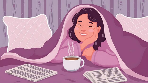Foto vista lateral de uma mulher sorridente tomando café na cama