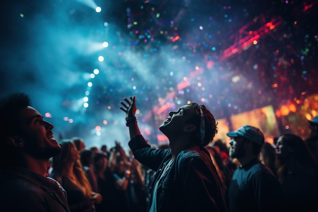 Vista lateral de uma multidão de pessoas felizes em um concerto sob o palco com luzes e fumaça colorida