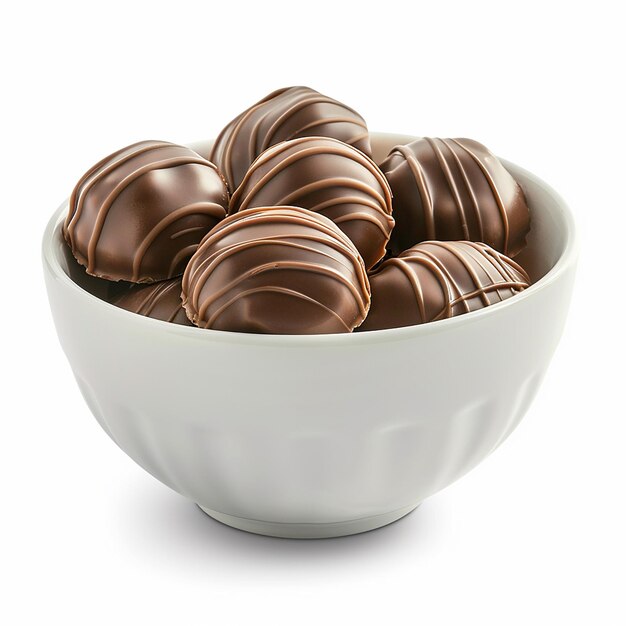 Vista lateral de uma tigela branca de pralinhas de chocolate redondas