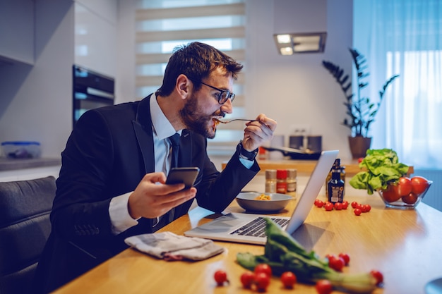 Vista lateral do atraente empresário caucasiano segurando o telefone inteligente, olhando para laptop e comer uma refeição deliciosa. Na mesa de jantar são legumes, laptop e especiarias.