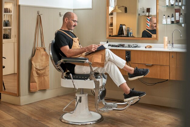 Vista lateral do barbeiro masculino maduro em avental sentado na cadeira e lendo revista na barbearia moderna