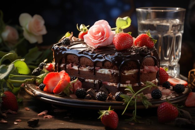 Foto vista lateral do bolo de chocolate decorado com morangos e biscoitos na aba generativa ia