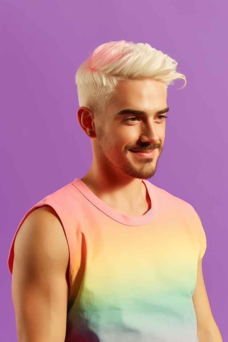 Foto vista lateral do cabelo descolorido do homem gay de 20 anos vestindo camisa sem mangas do arco-íris ai generated