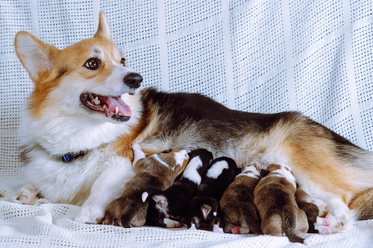 Foto vista lateral do cachorro pembroke welsh corgi alimentando bebês seis filhotes de dois meses deitados sugando leite em poses diferentes