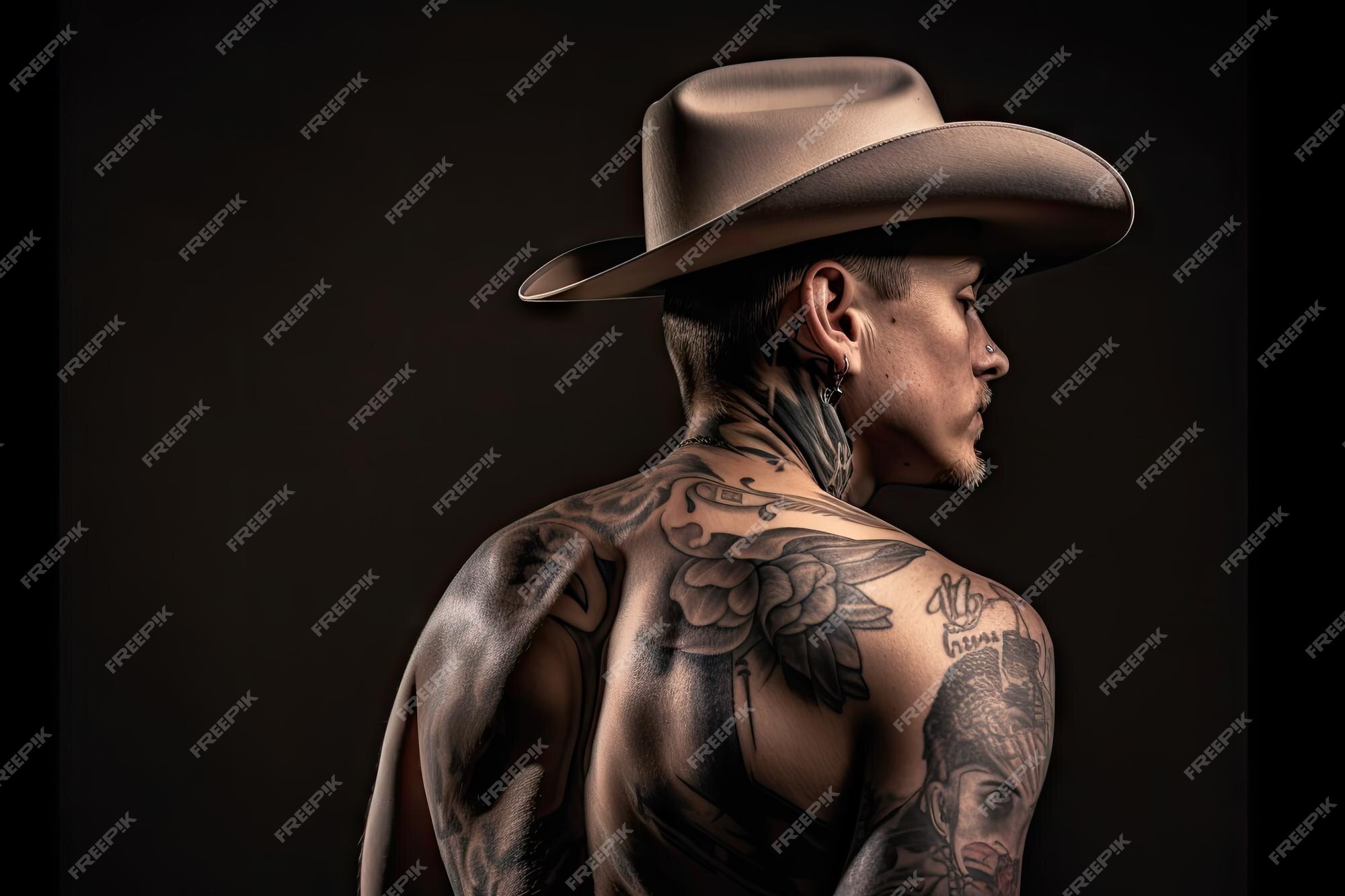 Homem arafiado com tatuagens e um chapéu posando para uma foto generativa  ai