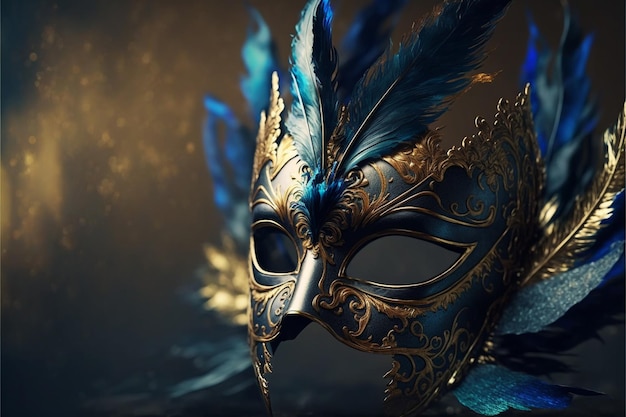 vista lateral do fundo abstrato da máscara azul bonito do carnaval do luxo. IA generativa
