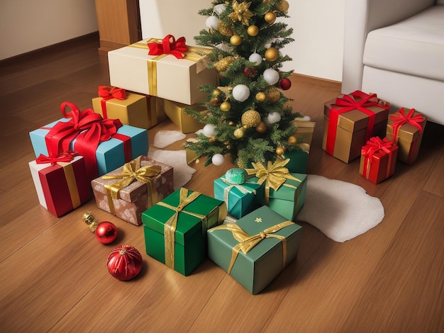 Vista lateral do fundo do Natal com decorações, caixas de presentes e várias cores de bolas