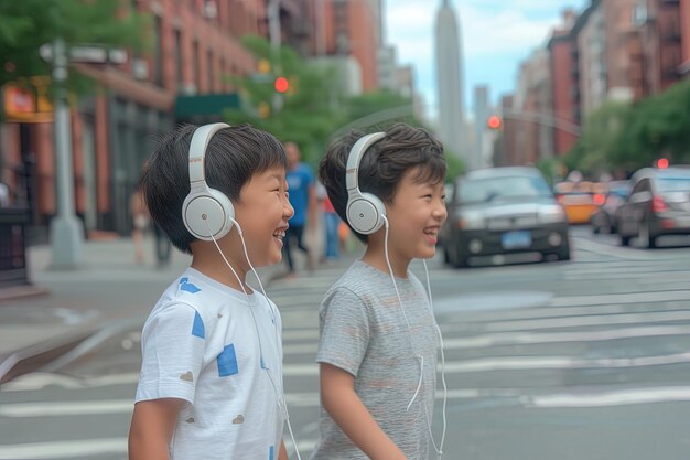 Vista lateral de dos jóvenes asiáticos sonrientes con auriculares caminando por la calle de la ciudad