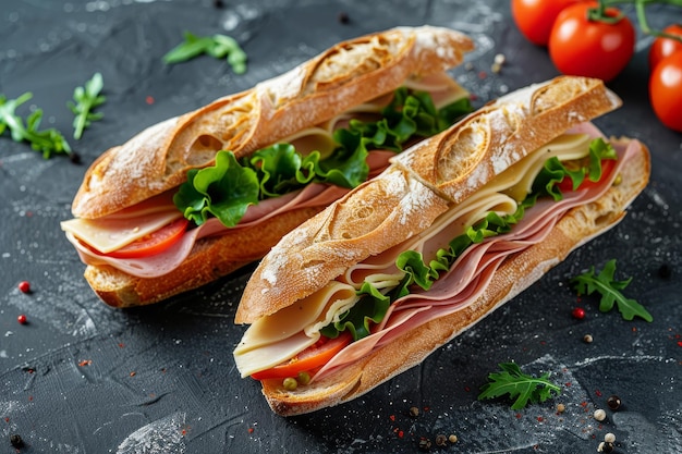 Vista lateral de dos sándwiches de baguette frescos de estilo bahnmi con jamón, tomates en rodajas de queso y l fresco