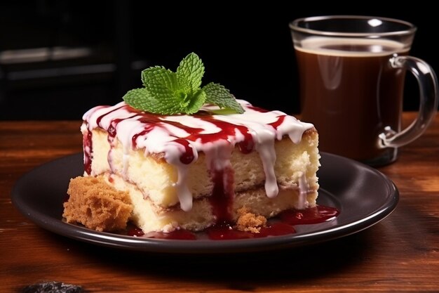 Vista lateral de dos tarta de queso con fresas con una taza de té y canela