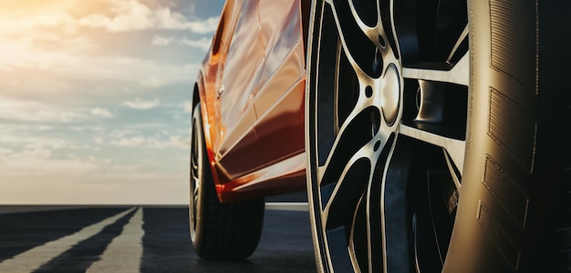 Vista lateral em close-up de um carro esportivo de luxo laranja na estrada à medida que o sol se põe