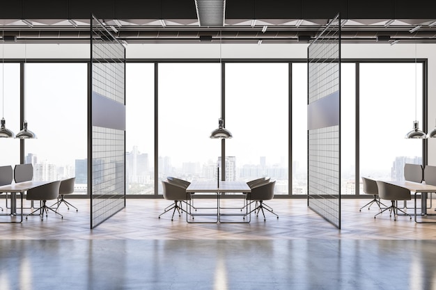 Vista lateral em espaços de trabalho de design moderno divididos por divisórias de treliça no escritório de coworking com piso de madeira e concreto e vista da cidade da janela panorâmica renderização em 3D