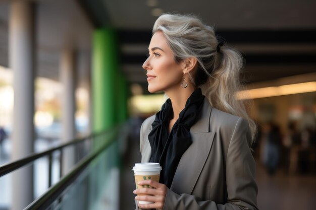 Vista lateral de la empresaria de pelo gris en el centro comercial Mujer en traje con cola de caballo bebiendo café Retrato concepto de negocio